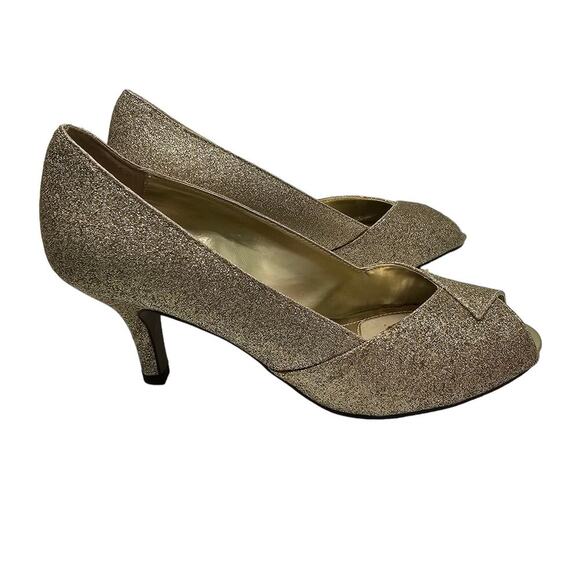 Gold Heels Womens Size 7.5 Sparkle Glitter Glam Wedding Dress Peep Toe Metallic - Picture 10 of 16